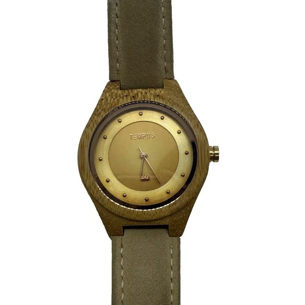 Tempus Genuine Handcrafted Wood Round Unisex Watch Faux Leather Band Light Brown